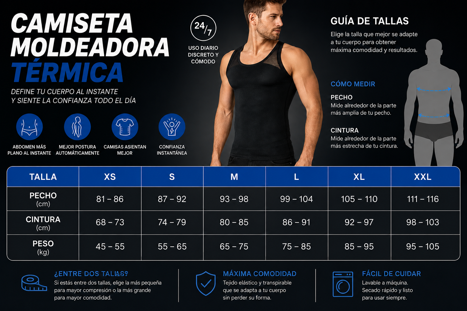 Guía de tallas Camiseta Moldeadora Térmica — pecho, cintura y peso XS a XXL